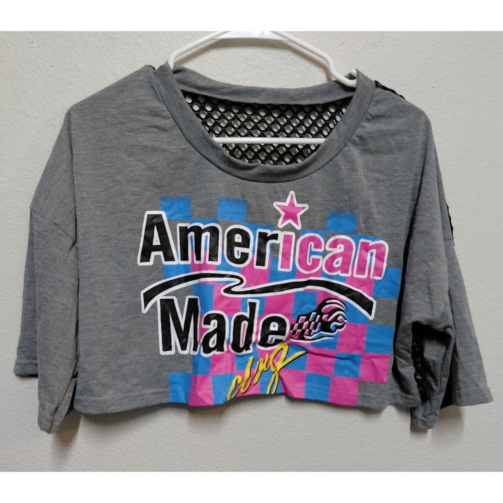 American Made Crop Top Shirt Women's XL Gray Mesh Back Graphic Casual Tee